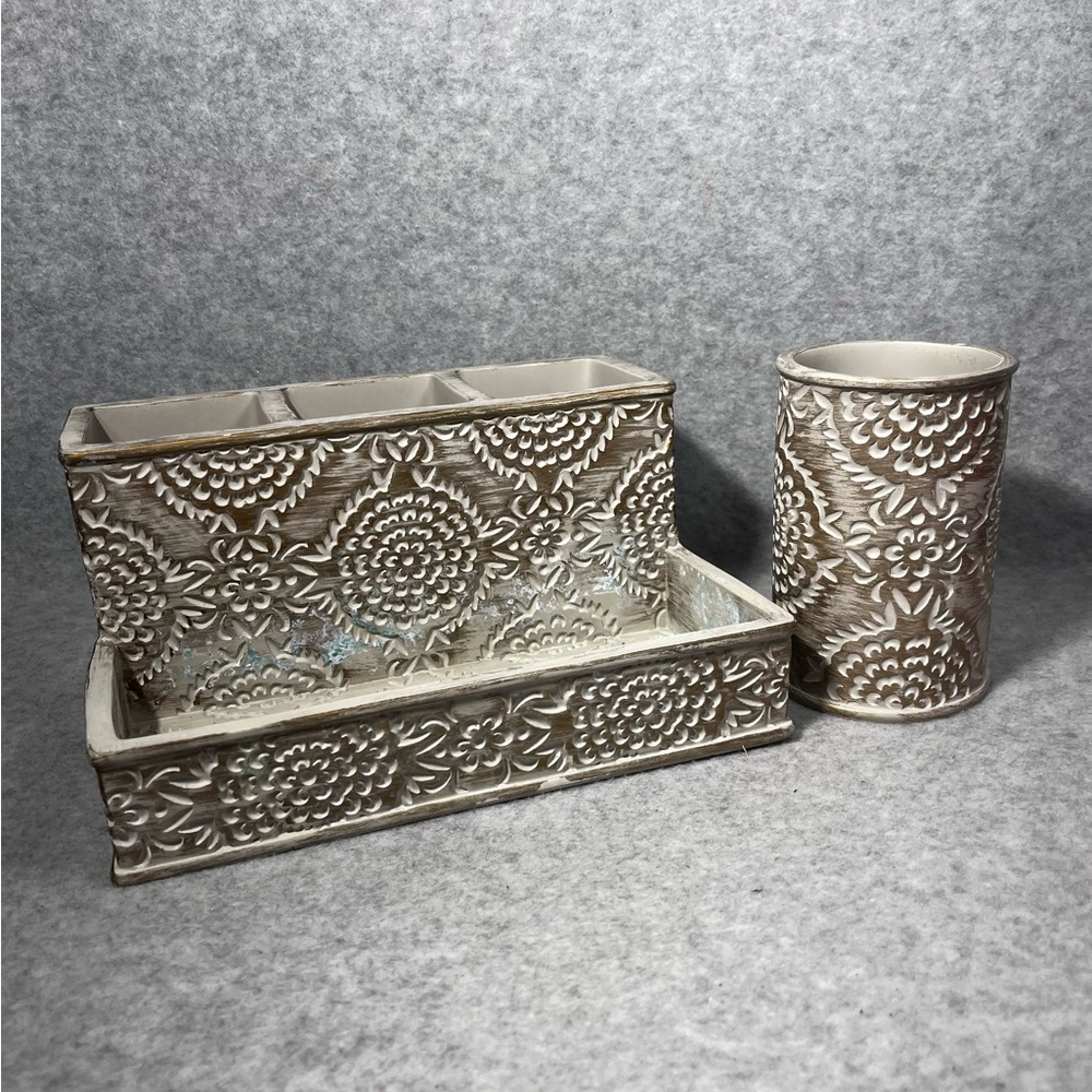 Desk Organizer Pencil Pen Holder Bathroom Vanity Washed Patina Gold Finish Heavy